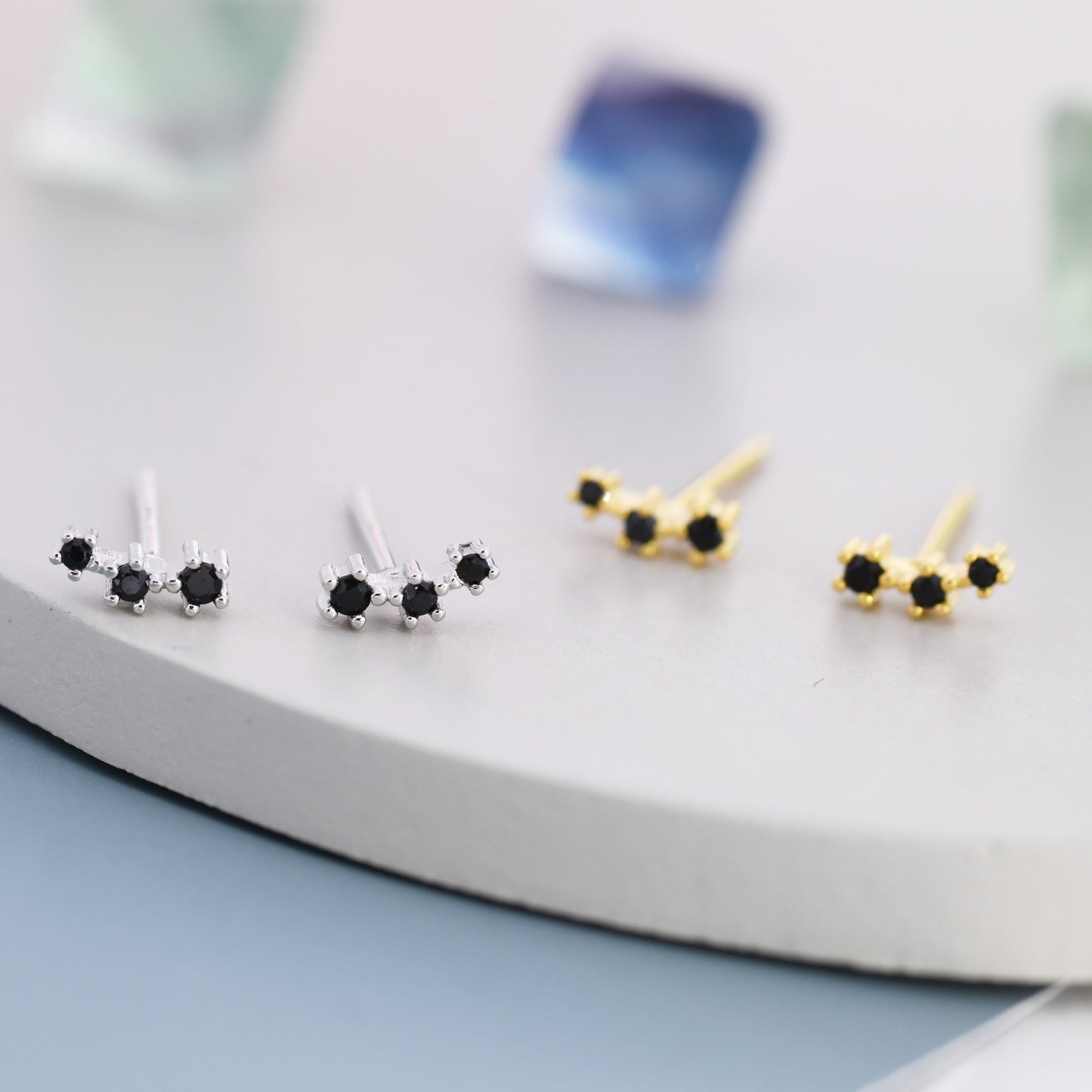 Extra Tiny Black CZ Trio Stud Earrings in Sterling Silver, Silver or Gold, Geometric Tiny Three Star CZ Earrings, Stacking Earrings