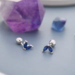Sterling Silver Sapphire Blue CZ Marquise Leaf Duo Barbell Earrings, Gold or Silver, Marquise Fan Screw back Earrings, Screwback Earrings
