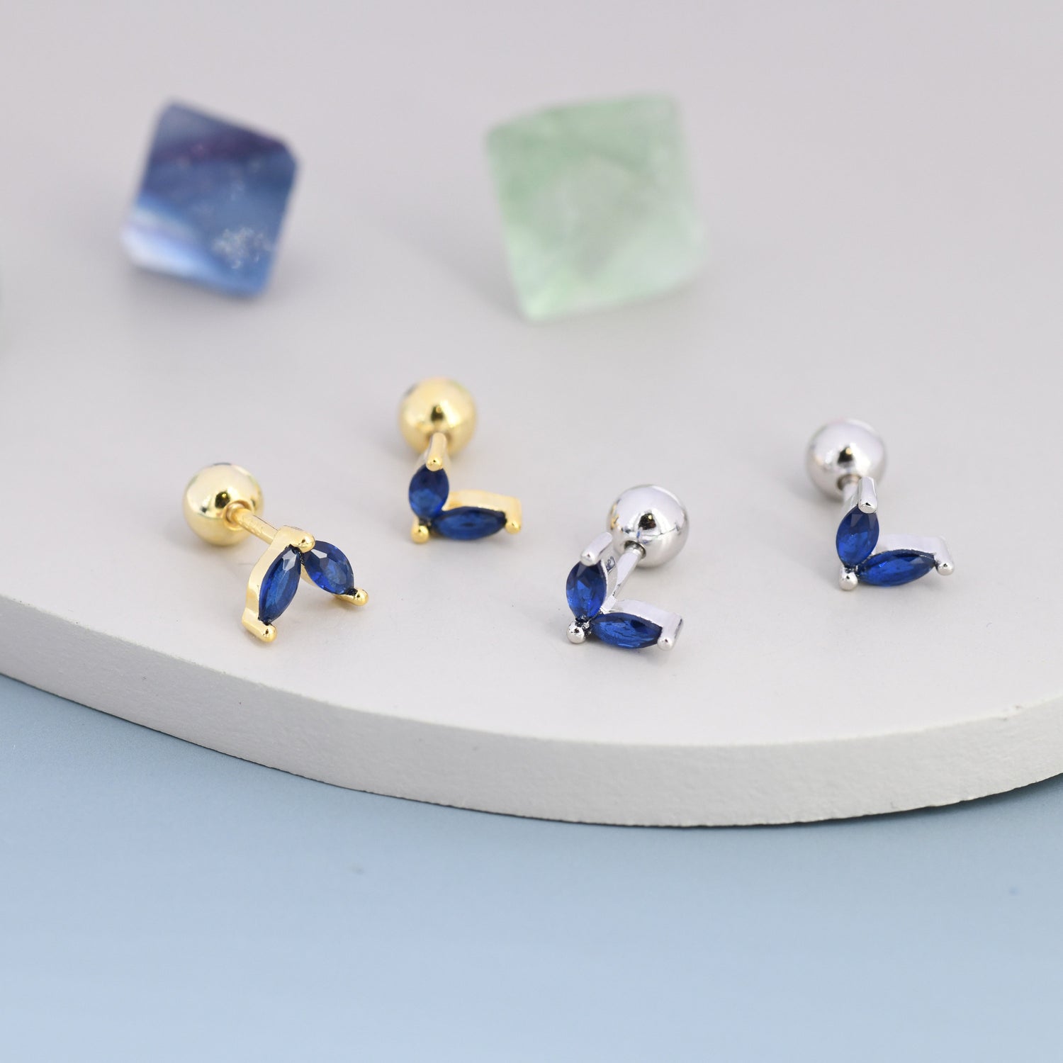 Sterling Silver Sapphire Blue CZ Marquise Leaf Duo Barbell Earrings, Gold or Silver, Marquise Fan Screw back Earrings, Screwback Earrings