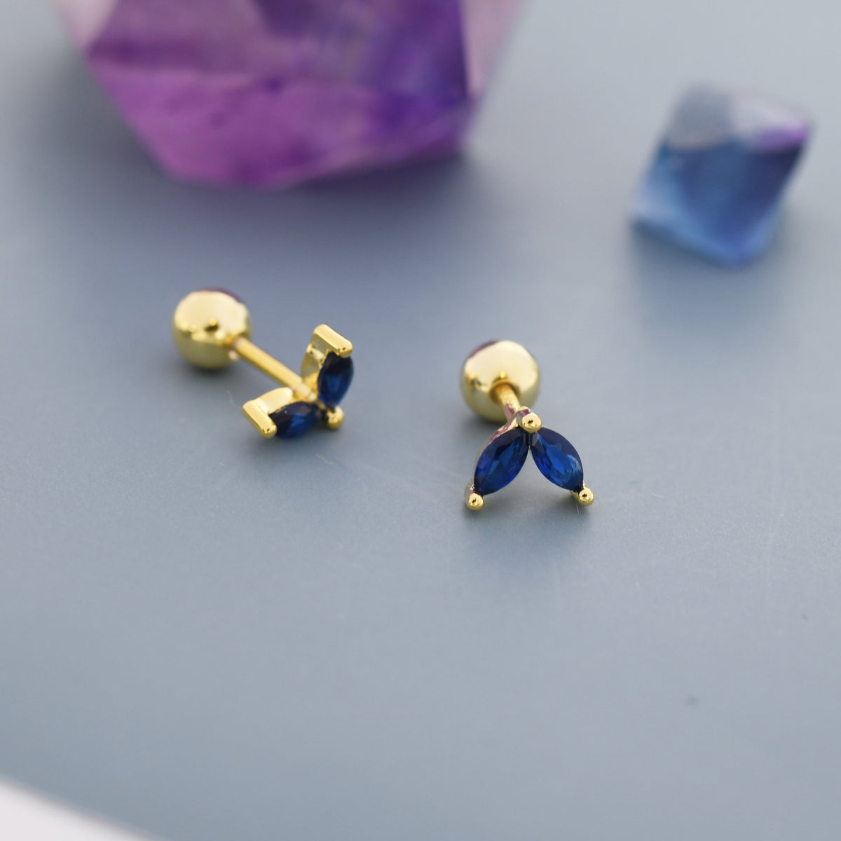 Sterling Silver Sapphire Blue CZ Marquise Leaf Duo Barbell Earrings, Gold or Silver, Marquise Fan Screw back Earrings, Screwback Earrings