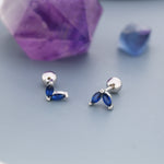 Sterling Silver Sapphire Blue CZ Marquise Leaf Duo Barbell Earrings, Gold or Silver, Marquise Fan Screw back Earrings, Screwback Earrings