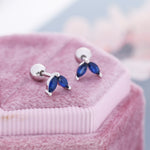 Sterling Silver Sapphire Blue CZ Marquise Leaf Duo Barbell Earrings, Gold or Silver, Marquise Fan Screw back Earrings, Screwback Earrings