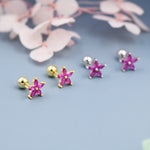 Sterling Silver Ruby Pink CZ Flower Barbell Earrings, Gold or Silver, Marquise CZ Screw Back Earrings, Stacking Earrings