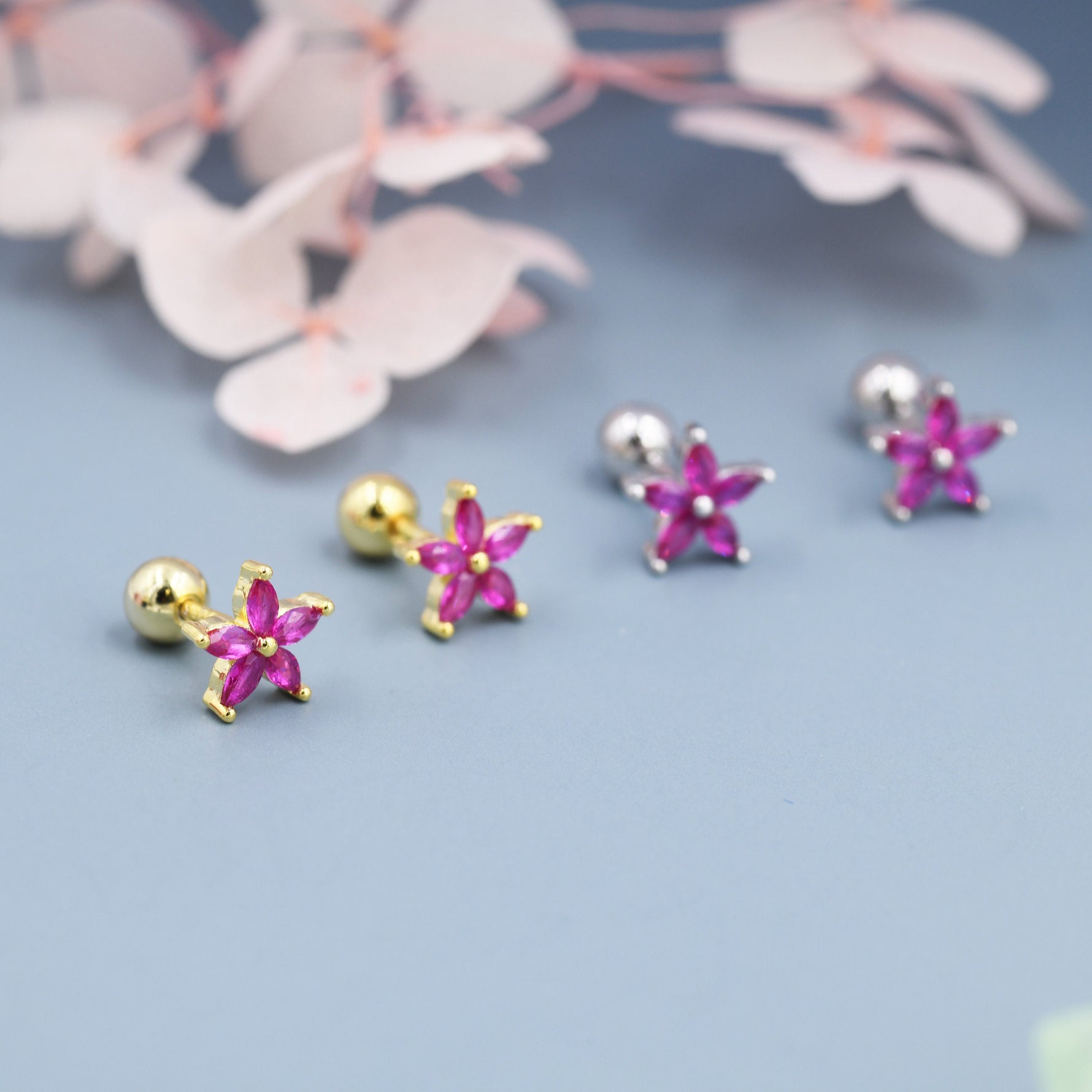 Sterling Silver Ruby Pink CZ Flower Barbell Earrings, Gold or Silver, Marquise CZ Screw Back Earrings, Stacking Earrings