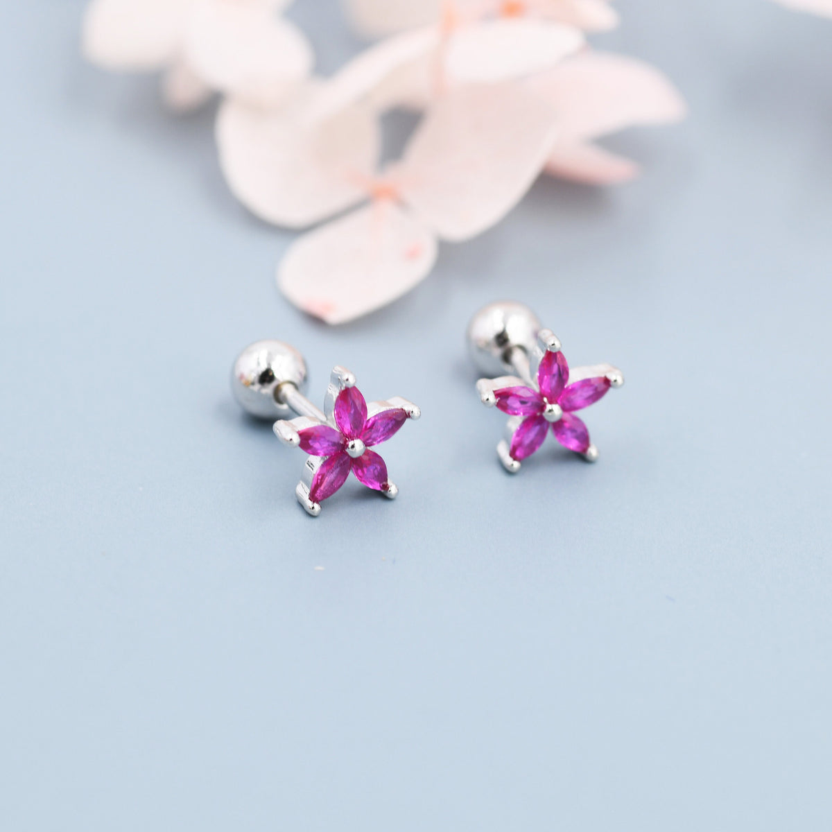 Sterling Silver Ruby Pink CZ Flower Barbell Earrings, Gold or Silver, Marquise CZ Screw Back Earrings, Stacking Earrings