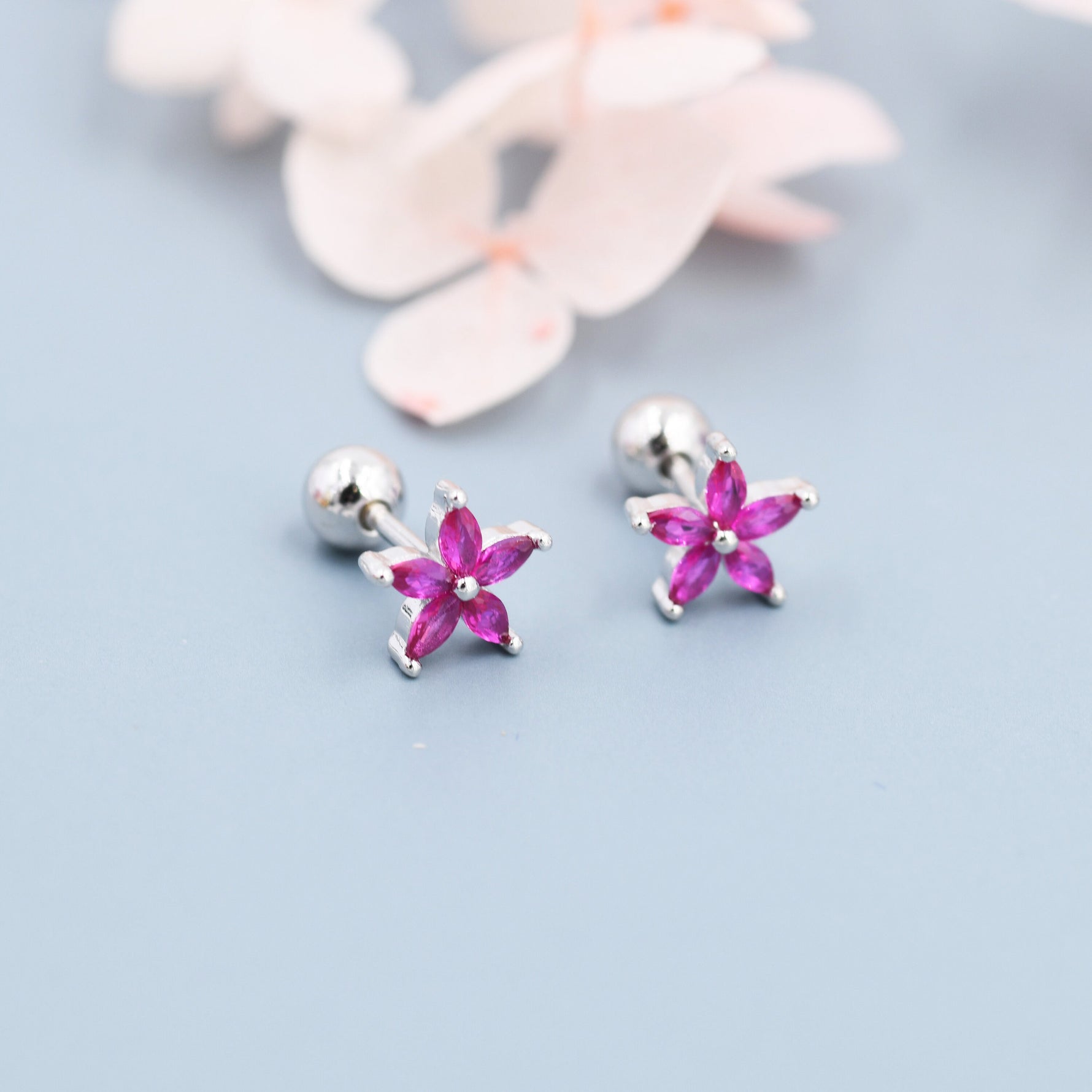 Sterling Silver Ruby Pink CZ Flower Barbell Earrings, Gold or Silver, Marquise CZ Screw Back Earrings, Stacking Earrings