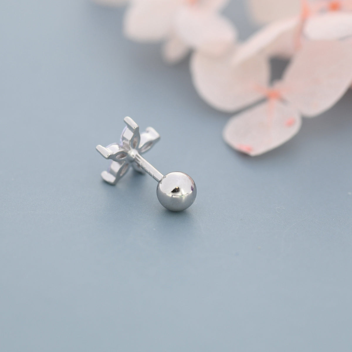 Sterling Silver Ruby Pink CZ Flower Barbell Earrings, Gold or Silver, Marquise CZ Screw Back Earrings, Stacking Earrings