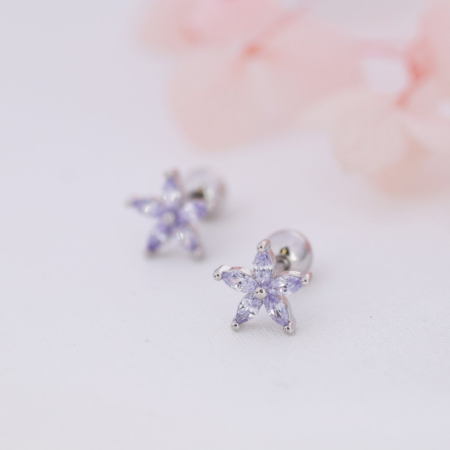 Sterling Silver Alexandrite CZ Flower Barbell Earrings,  Gold or Silver, Marquise CZ Screw Back Earrings, Stacking Earrings, Lilac Purple