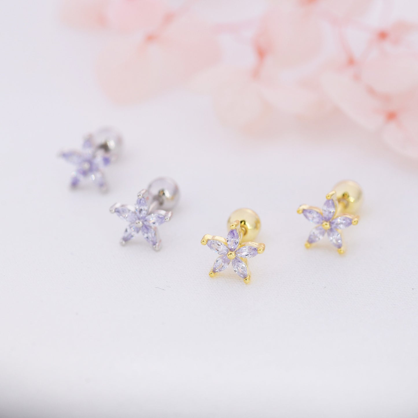 Sterling Silver Alexandrite CZ Flower Barbell Earrings,  Gold or Silver, Marquise CZ Screw Back Earrings, Stacking Earrings, Lilac Purple