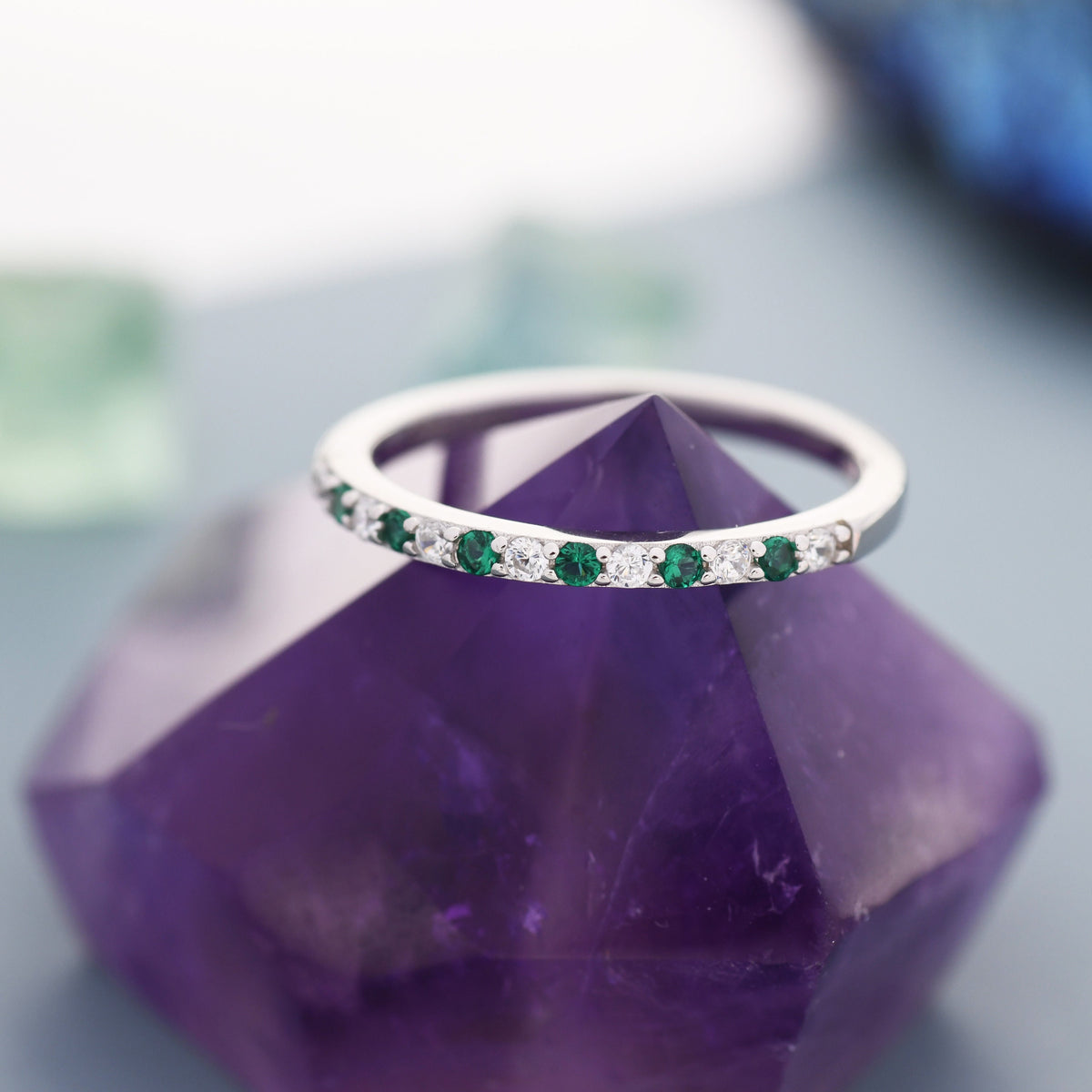 Emerald Green and Clear CZ Half Eternity Ring in Sterling Silver, Silver or Gold, Green Emerald CZ Skinny Ring, Stacking Ring US 5 - 8