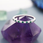 Emerald Green and Clear CZ Half Eternity Ring in Sterling Silver, Silver or Gold, Green Emerald CZ Skinny Ring, Stacking Ring US 5 - 8