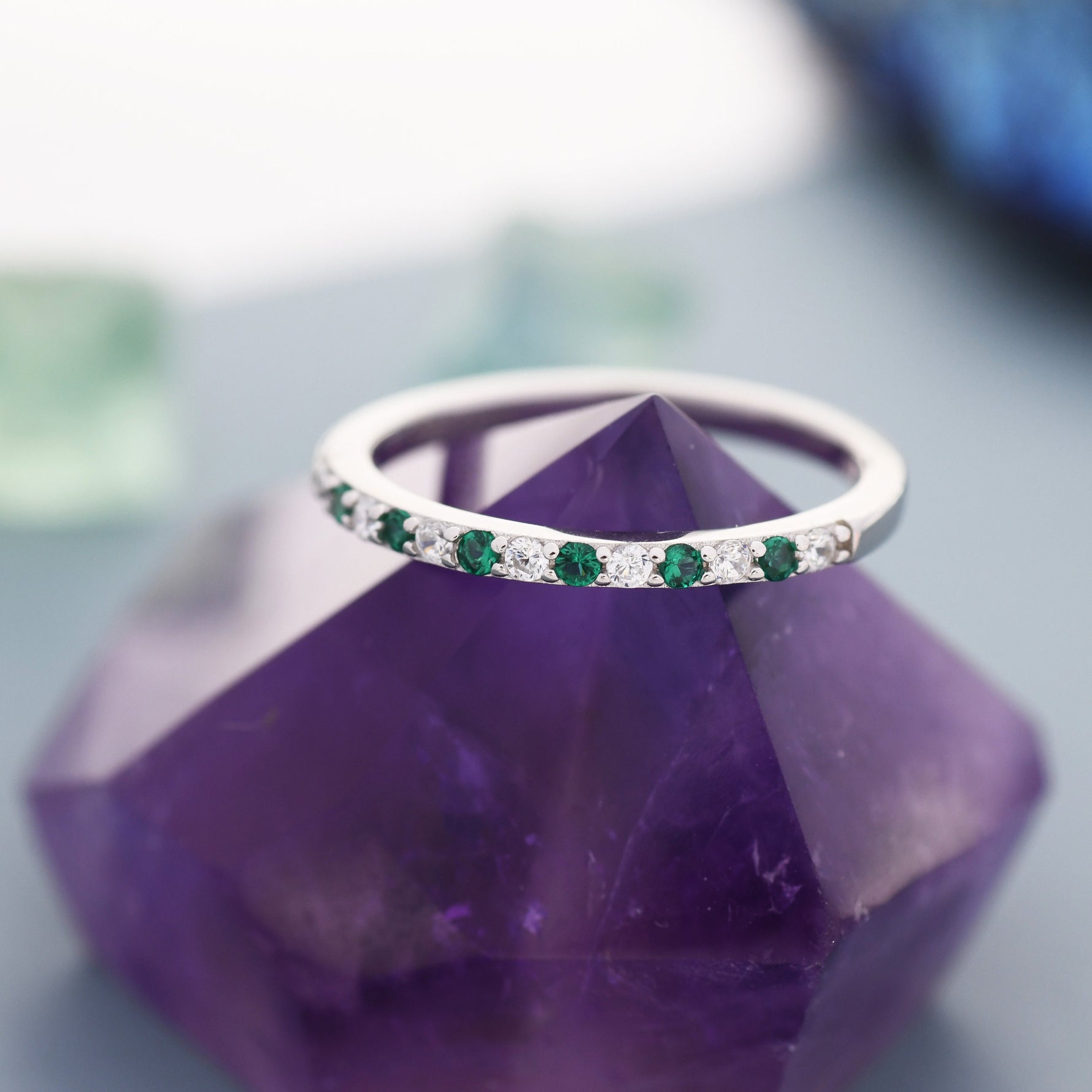 Emerald Green and Clear CZ Half Eternity Ring in Sterling Silver, Silver or Gold, Green Emerald CZ Skinny Ring, Stacking Ring US 5 - 8