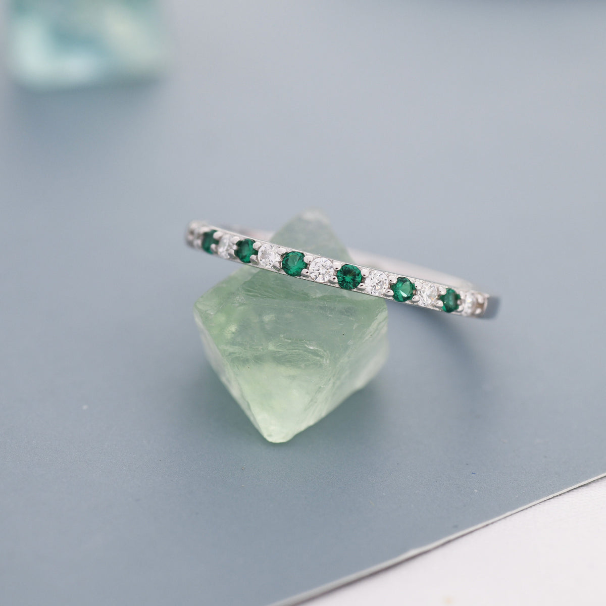 Emerald Green and Clear CZ Half Eternity Ring in Sterling Silver, Silver or Gold, Green Emerald CZ Skinny Ring, Stacking Ring US 5 - 8