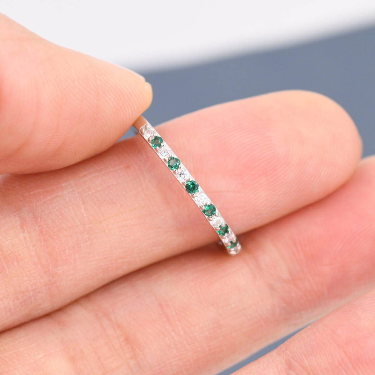 Emerald Green and Clear CZ Half Eternity Ring in Sterling Silver, Silver or Gold, Green Emerald CZ Skinny Ring, Stacking Ring US 5 - 8