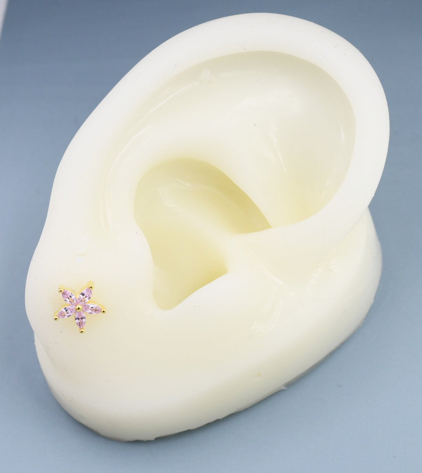 Sterling Silver Tourmaline Pink CZ Flower Barbell Earrings, Gold or Silver, Marquise CZ Screw Back Earrings, Stacking Earrings