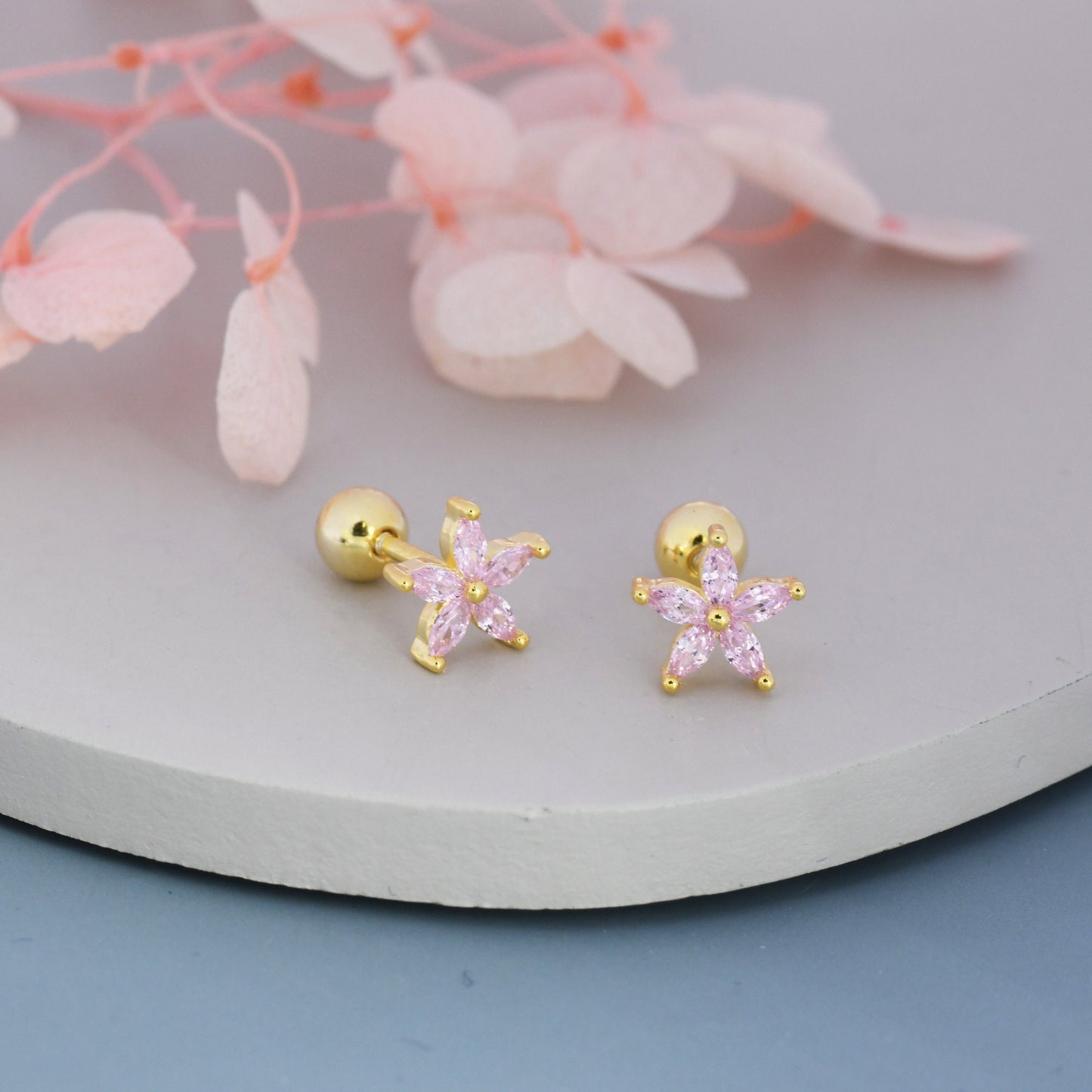 Sterling Silver Tourmaline Pink CZ Flower Barbell Earrings, Gold or Silver, Marquise CZ Screw Back Earrings, Stacking Earrings