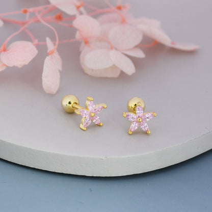 Sterling Silver Tourmaline Pink CZ Flower Barbell Earrings, Gold or Silver, Marquise CZ Screw Back Earrings, Stacking Earrings