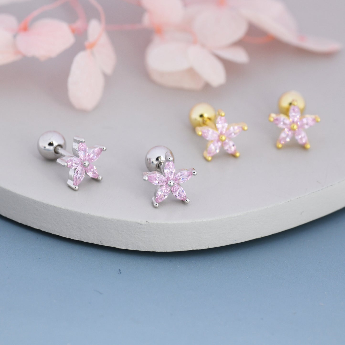 Sterling Silver Tourmaline Pink CZ Flower Barbell Earrings,  Gold or Silver, Marquise CZ Screw Back Earrings, Stacking Earrings