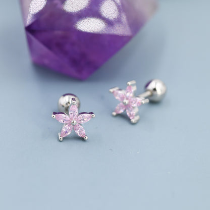 Sterling Silver Tourmaline Pink CZ Flower Stud Earrings or Screwback Earrings,  Gold or Silver, Stacking Earrings