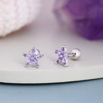 Sterling Silver Amethyst Purple CZ Flower Barbell Earrings, Gold or Silver, Marquise CZ Screw Back Earrings, Stacking Earrings