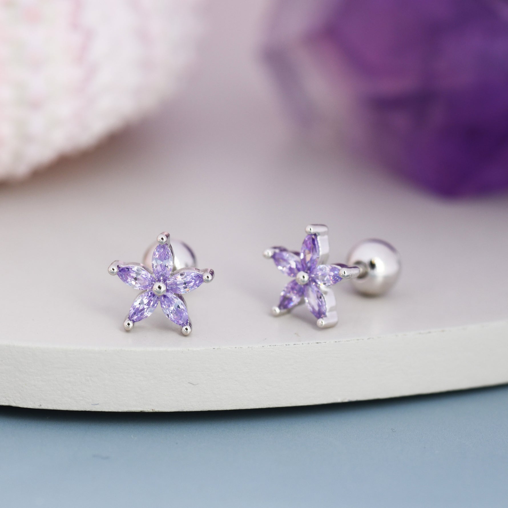 Sterling Silver Amethyst Purple CZ Flower Barbell Earrings, Gold or Silver, Marquise CZ Screw Back Earrings, Stacking Earrings