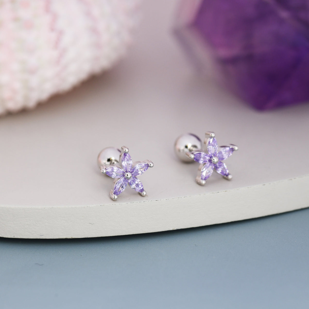 Sterling Silver Amethyst Purple CZ Flower Barbell Earrings, Gold or Silver, Marquise CZ Screw Back Earrings, Stacking Earrings