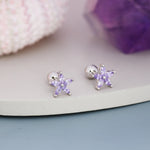 Sterling Silver Amethyst Purple CZ Flower Barbell Earrings, Gold or Silver, Marquise CZ Screw Back Earrings, Stacking Earrings