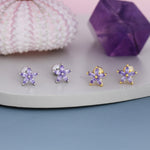 Sterling Silver Amethyst Purple CZ Flower Barbell Earrings, Gold or Silver, Marquise CZ Screw Back Earrings, Stacking Earrings