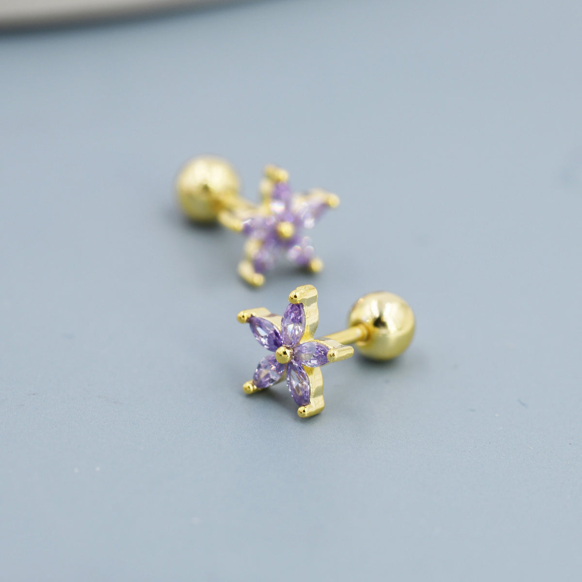 Sterling Silver Amethyst Purple CZ Flower Barbell Earrings, Gold or Silver, Marquise CZ Screw Back Earrings, Stacking Earrings