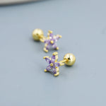 Sterling Silver Amethyst Purple CZ Flower Barbell Earrings, Gold or Silver, Marquise CZ Screw Back Earrings, Stacking Earrings