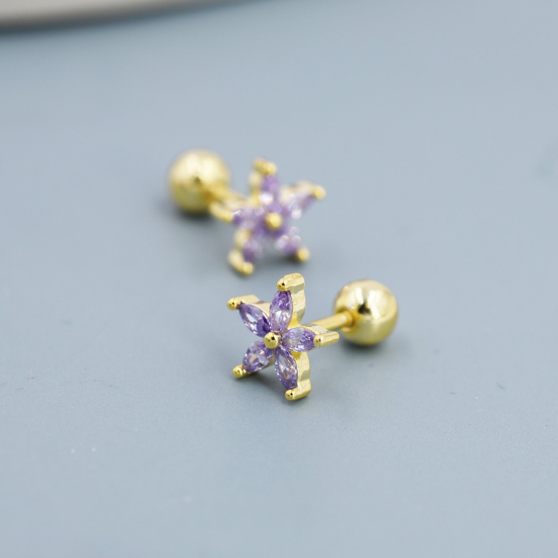 Sterling Silver Amethyst Purple CZ Flower Barbell Earrings, Gold or Silver, Marquise CZ Screw Back Earrings, Stacking Earrings
