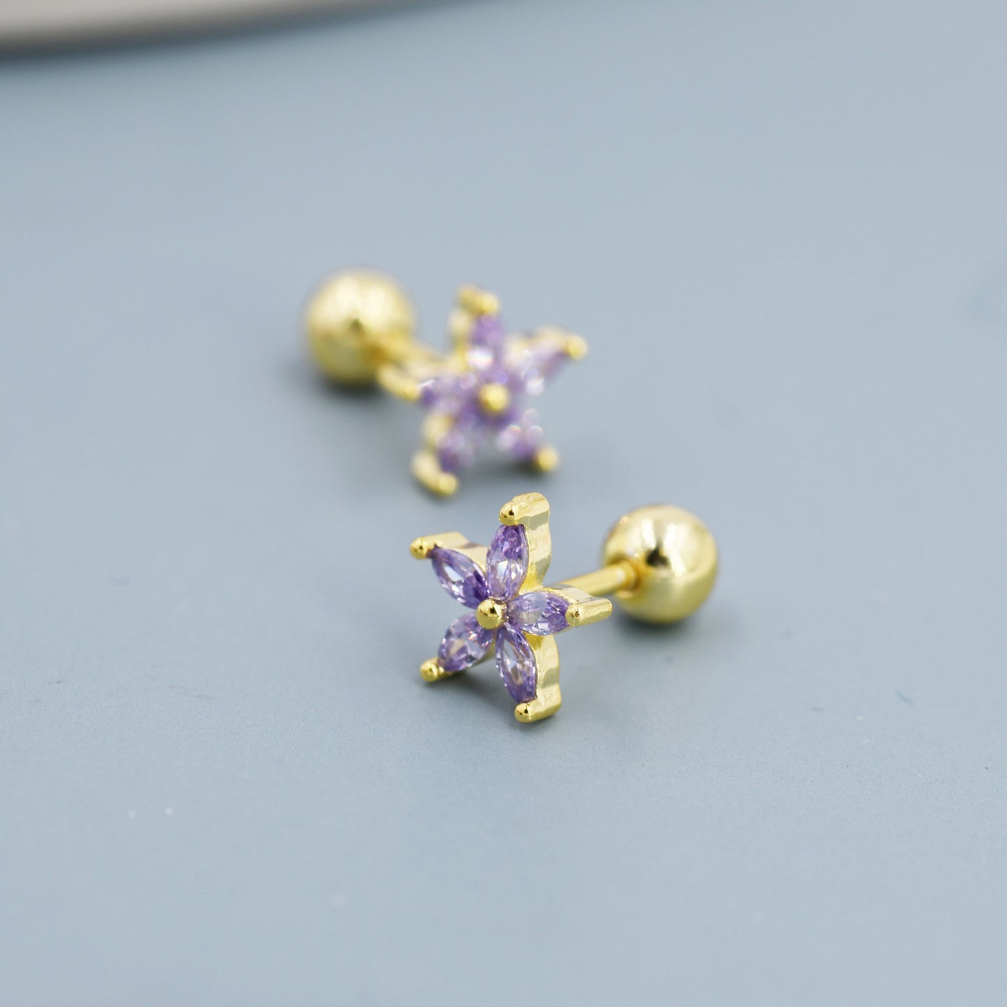 Sterling Silver Amethyst Purple CZ Flower Barbell Earrings,  Gold or Silver, Marquise CZ Screw Back Earrings, Stacking Earrings