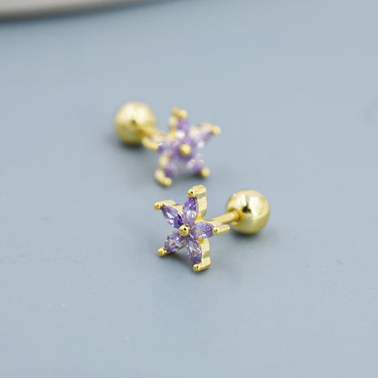 Sterling Silver Amethyst Purple CZ Flower Barbell Earrings,  Gold or Silver, Marquise CZ Screw Back Earrings, Stacking Earrings