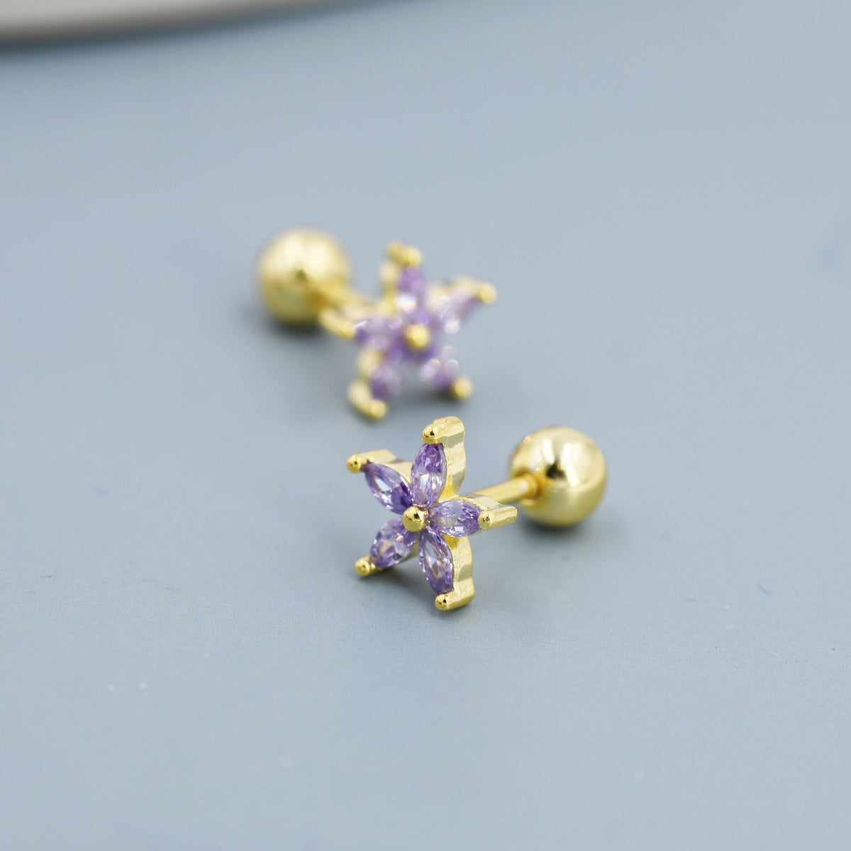 Sterling Silver Amethyst Purple CZ Flower Barbell Earrings, Gold or Silver, Marquise CZ Screw Back Earrings, Stacking Earrings