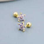 Sterling Silver Amethyst Purple CZ Flower Barbell Earrings, Gold or Silver, Marquise CZ Screw Back Earrings, Stacking Earrings