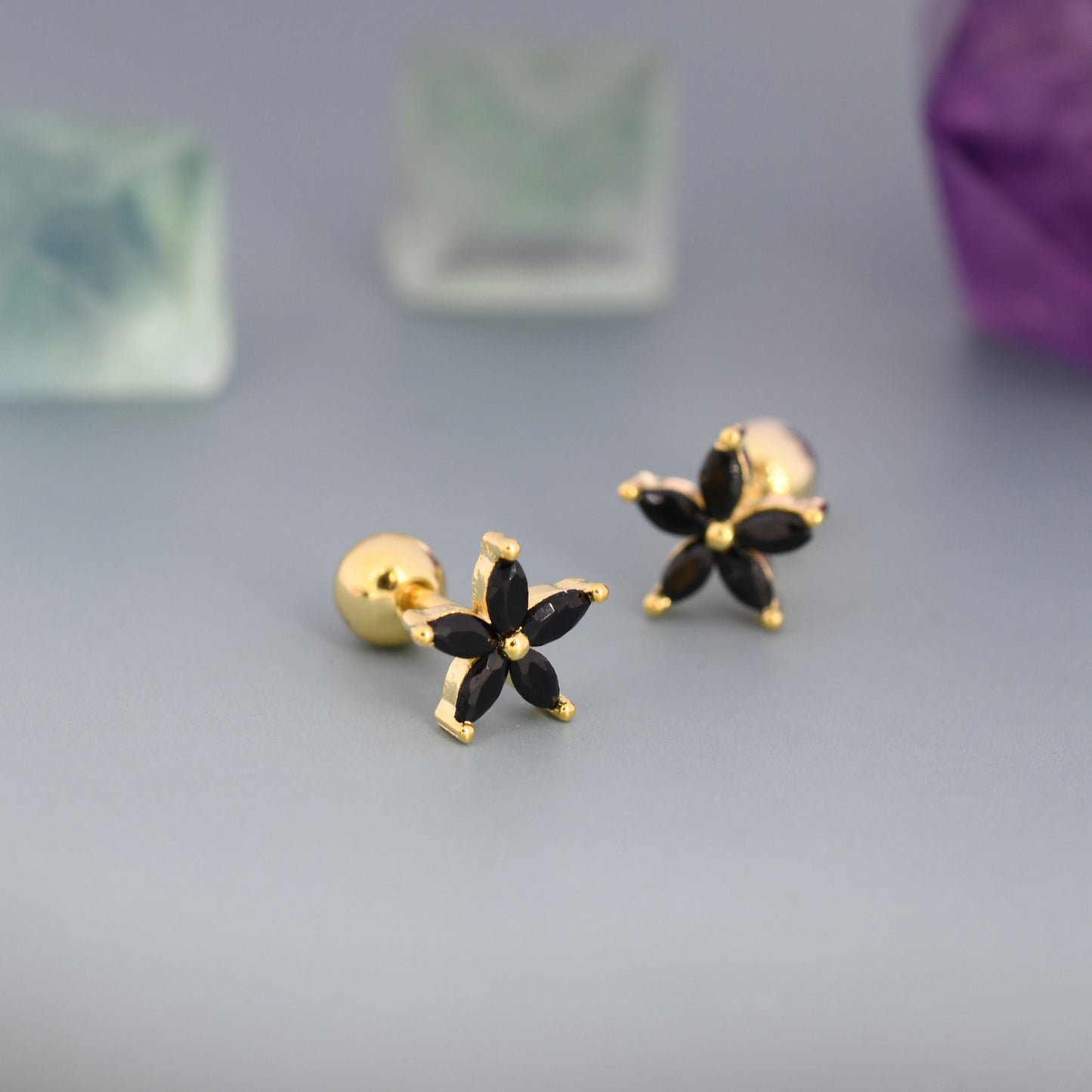 Sterling Silver Black CZ Flower Barbell Earrings,  Gold or Silver, Marquise CZ Screw Back Earrings, Stacking Earrings