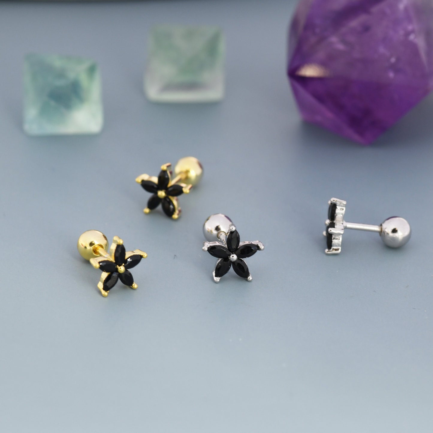 Sterling Silver Black CZ Flower Barbell Earrings,  Gold or Silver, Marquise CZ Screw Back Earrings, Stacking Earrings