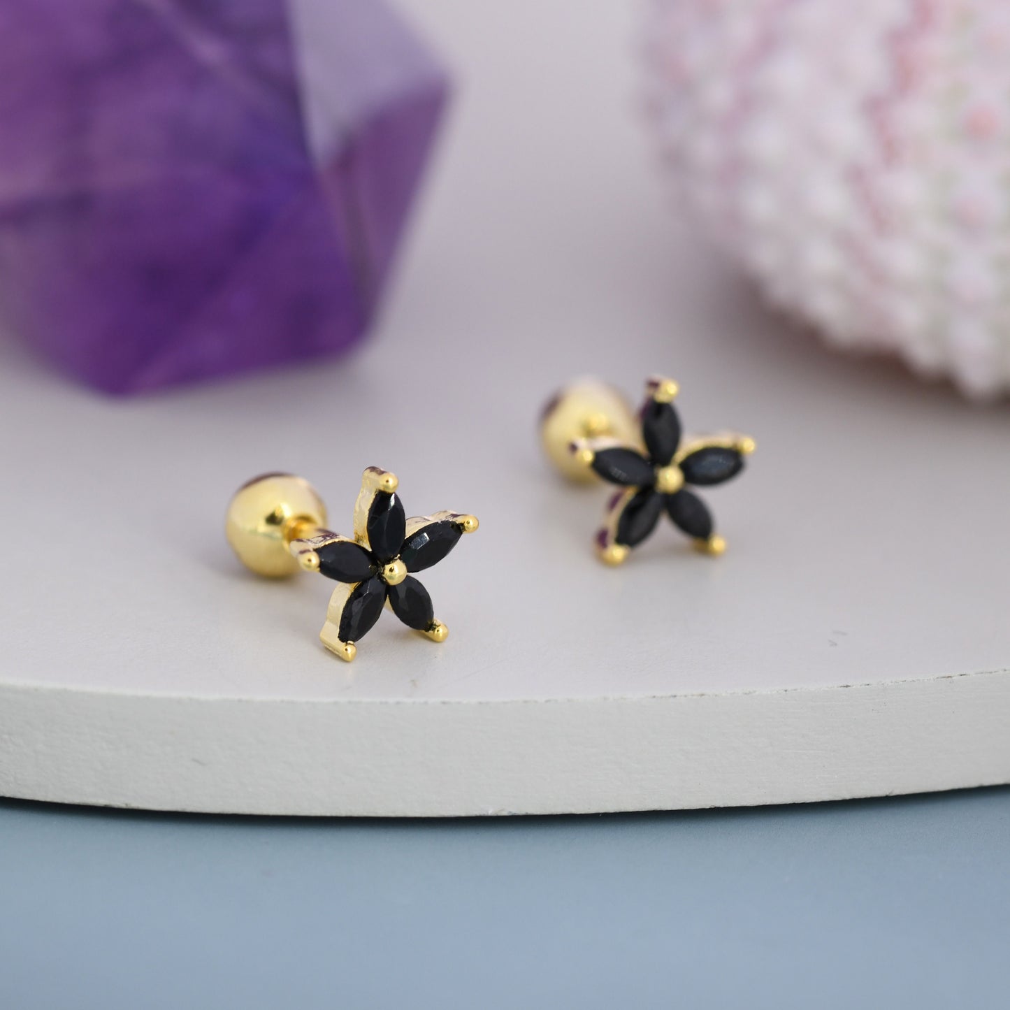 Sterling Silver Black CZ Flower Barbell Earrings,  Gold or Silver, Marquise CZ Screw Back Earrings, Stacking Earrings