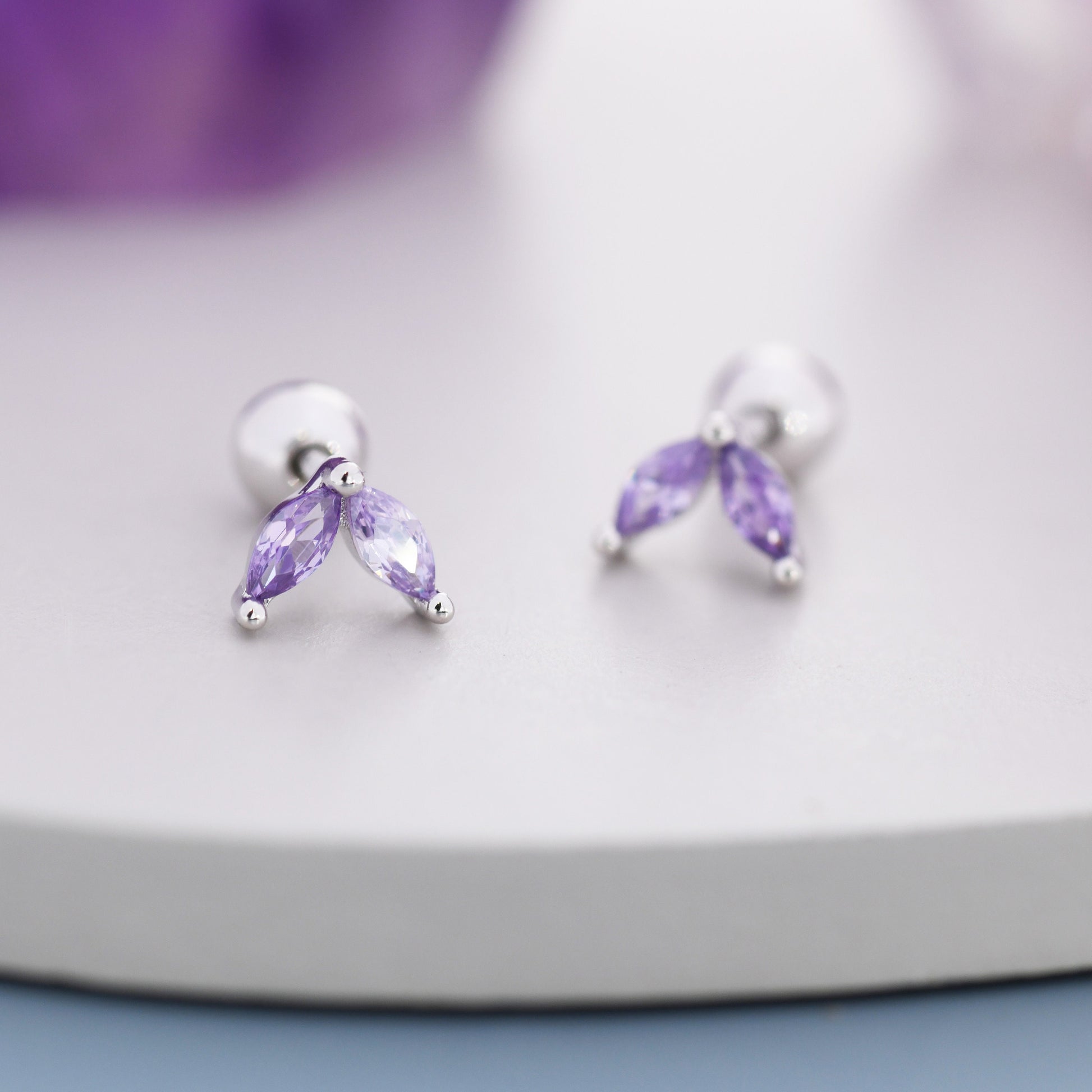Sterling Silver Amethyst Purple CZ Marquise Leaf Duo Barbell Earrings, Gold or Silver, Marquise Fan Screw back Earrings, Screwback Earrings