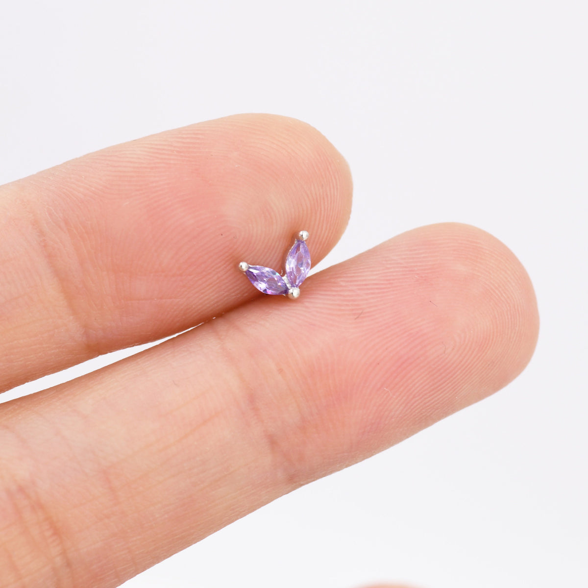 Sterling Silver Amethyst Purple CZ Marquise Leaf Duo Barbell Earrings, Gold or Silver, Marquise Fan Screw back Earrings, Screwback Earrings