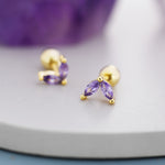 Sterling Silver Amethyst Purple CZ Marquise Leaf Duo Barbell Earrings, Gold or Silver, Marquise Fan Screw back Earrings, Screwback Earrings