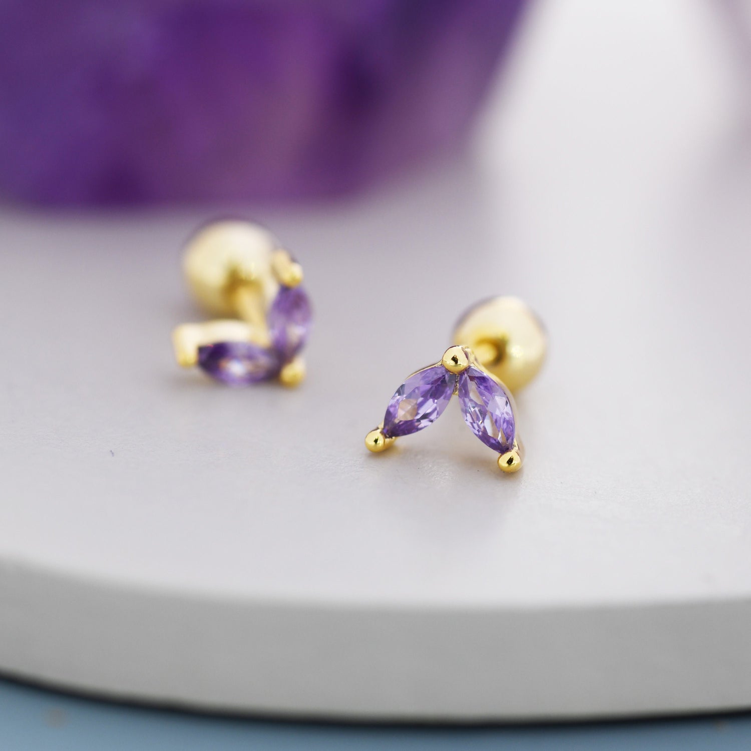 Sterling Silver Amethyst Purple CZ Marquise Leaf Duo Barbell Earrings, Gold or Silver, Marquise Fan Screw back Earrings, Screwback Earrings