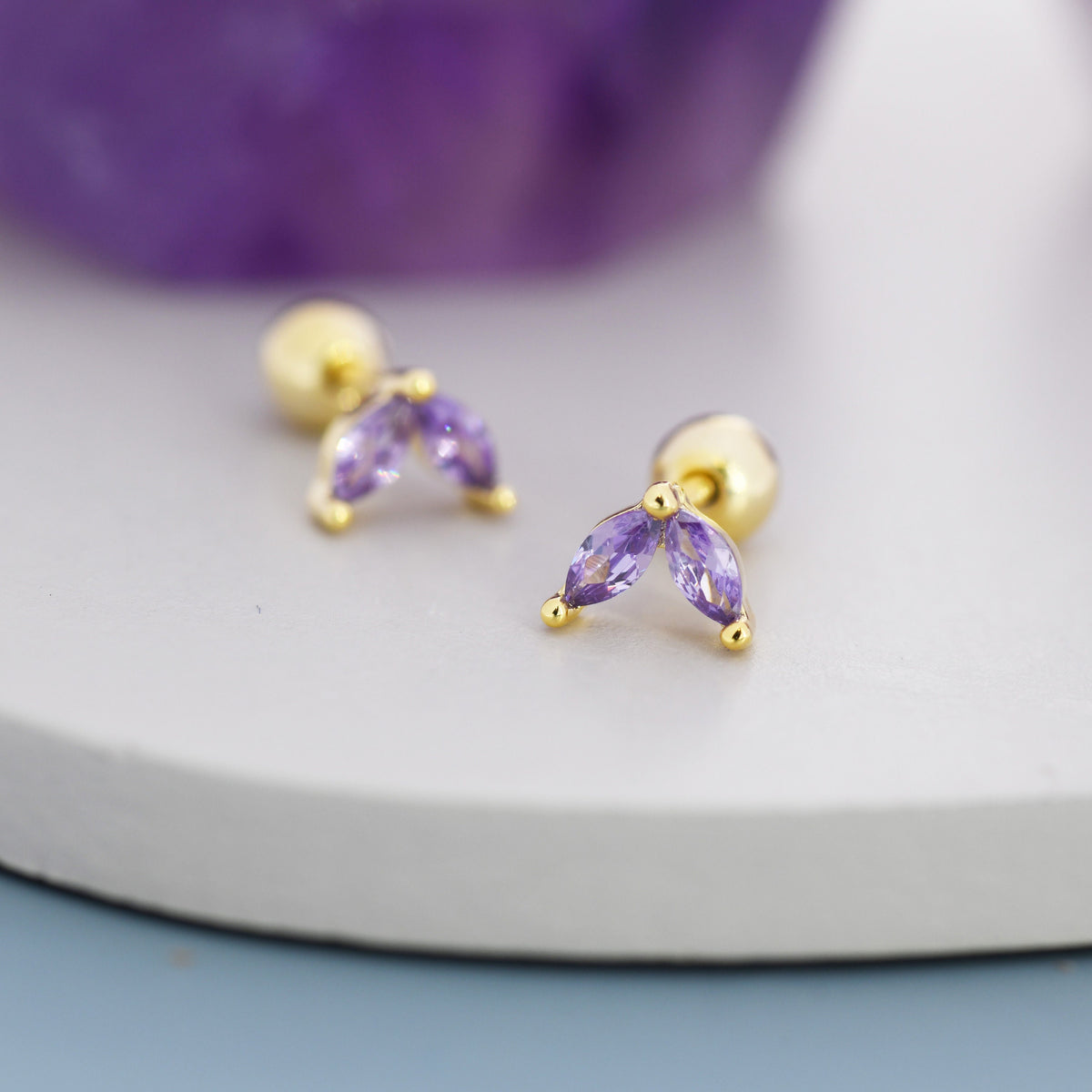 Sterling Silver Amethyst Purple CZ Marquise Leaf Duo Barbell Earrings, Gold or Silver, Marquise Fan Screw back Earrings, Screwback Earrings