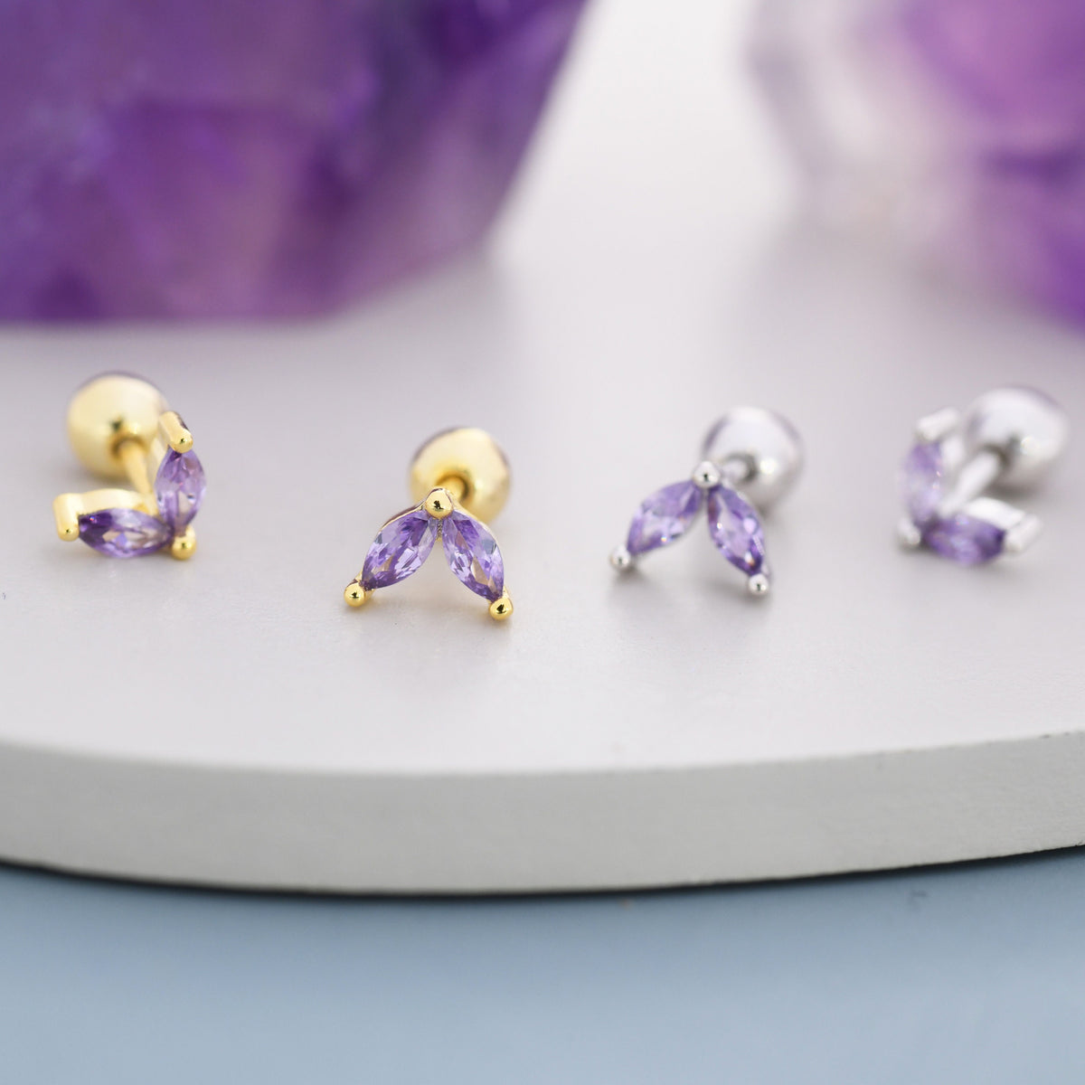 Sterling Silver Amethyst Purple CZ Marquise Leaf Duo Barbell Earrings, Gold or Silver, Marquise Fan Screw back Earrings, Screwback Earrings