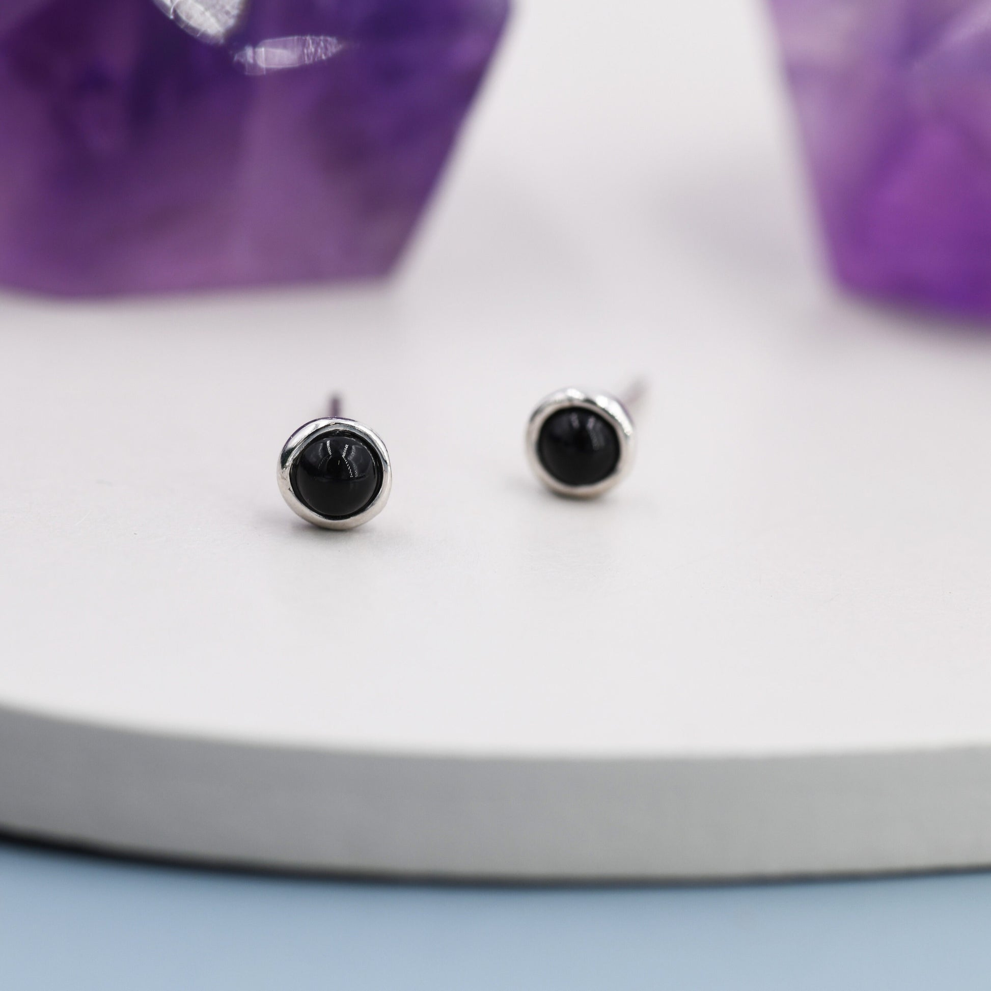 Sterling Silver Black Onyx Stud Earrings, 3mm Genuine Black Onyx Stone, Semi-precious Jewellery