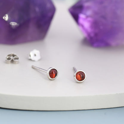 Sterling Silver Red Garnet Stud Earrings, 3mm Genuine Garnet Stone, Semi-precious Jewellery