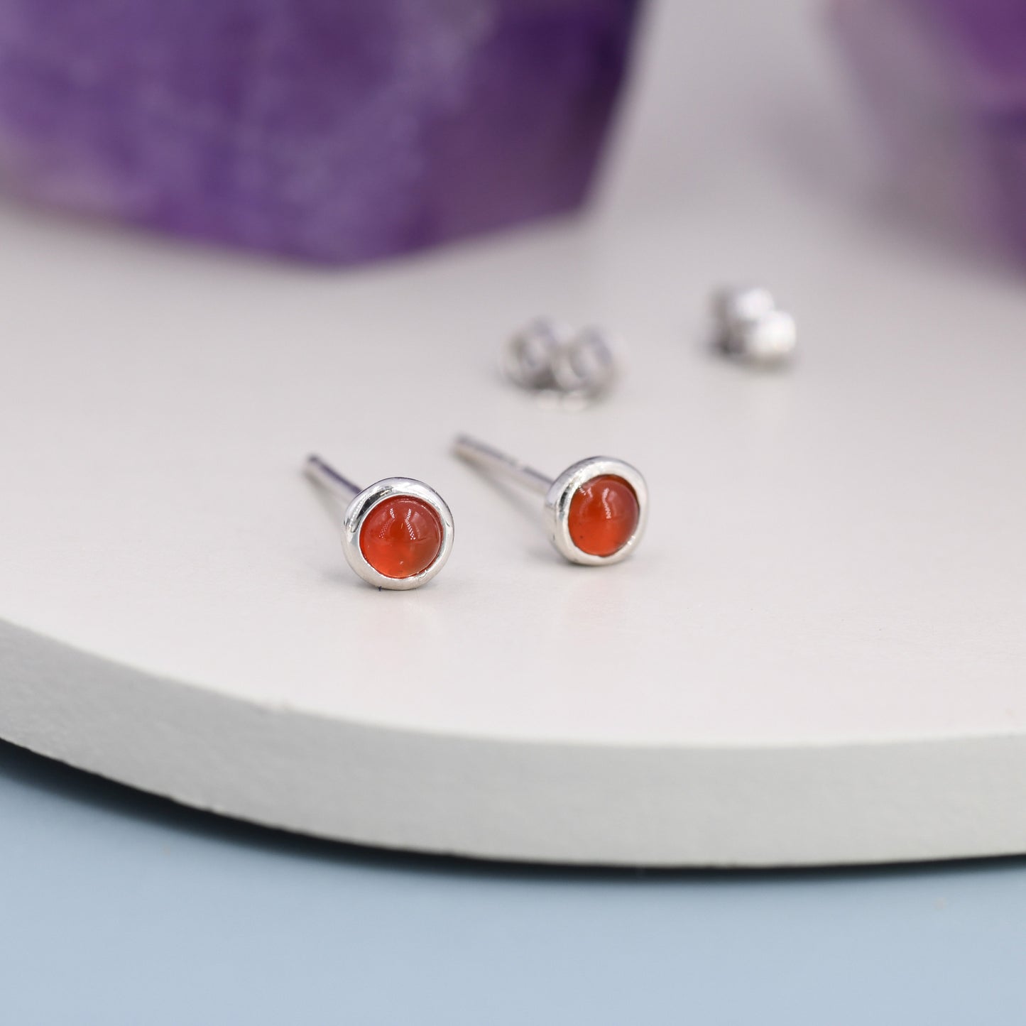 Sterling Silver Red Carnelian Stud Earrings,  3mm Genuine Red Carnelian Stone, Semi-precious Jewellery