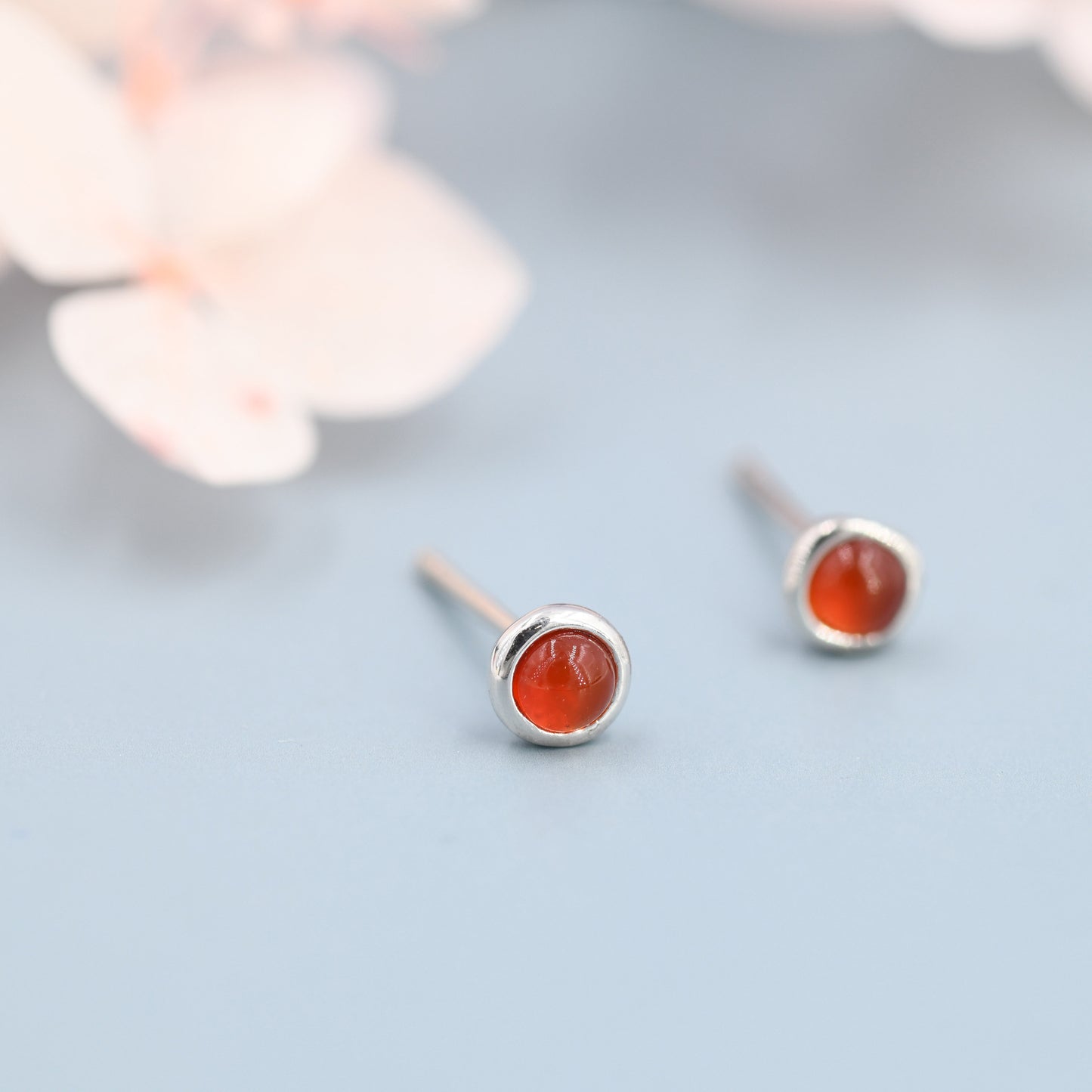 Sterling Silver Red Carnelian Stud Earrings,  3mm Genuine Red Carnelian Stone, Semi-precious Jewellery