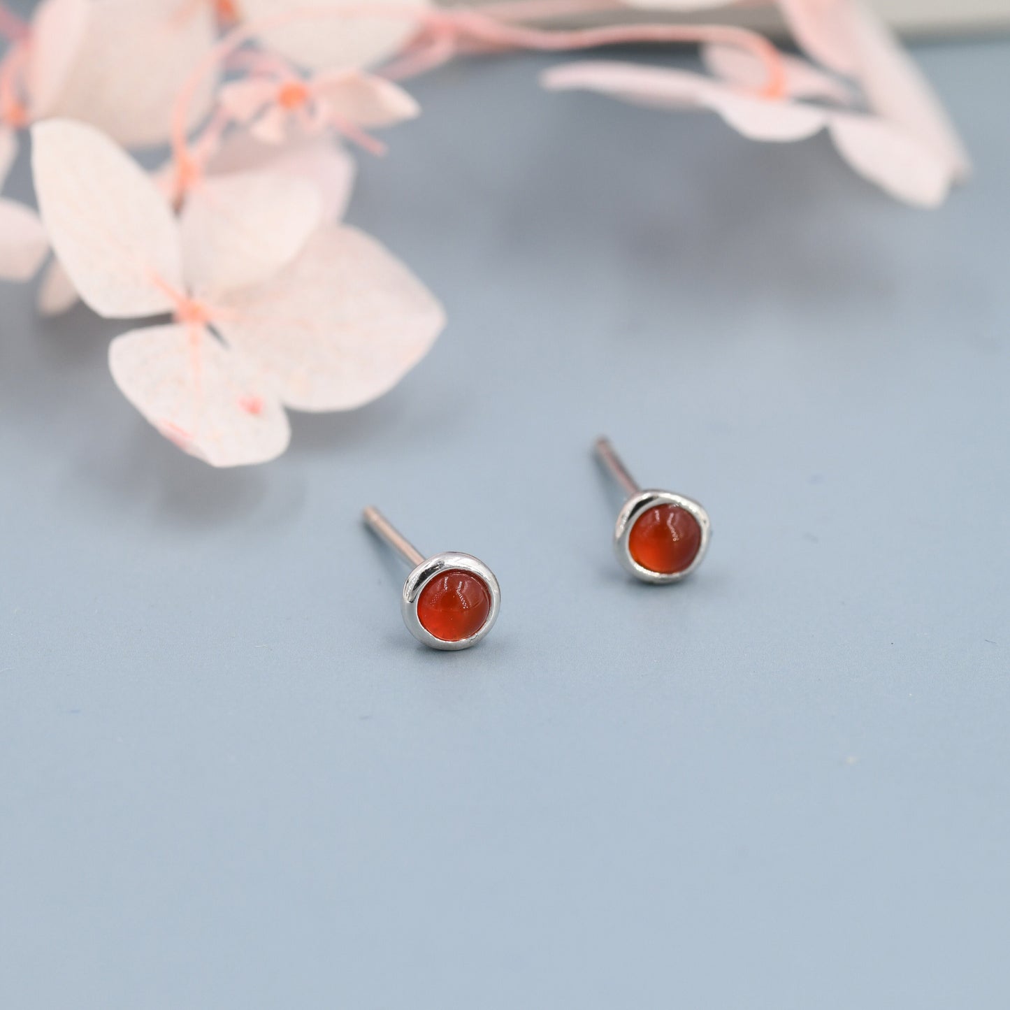 Sterling Silver Red Carnelian Stud Earrings,  3mm Genuine Red Carnelian Stone, Semi-precious Jewellery