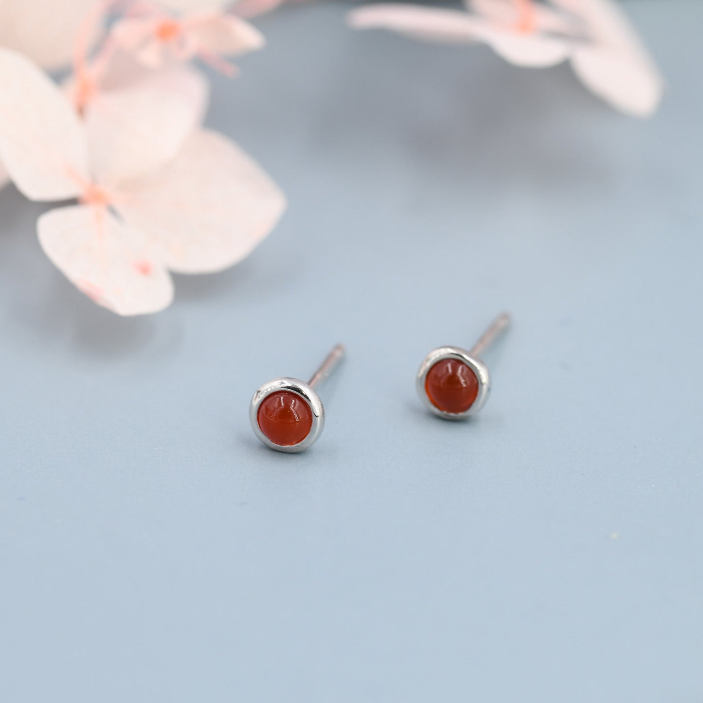 Sterling Silver Red Carnelian Stud Earrings,  3mm Genuine Red Carnelian Stone, Semi-precious Jewellery